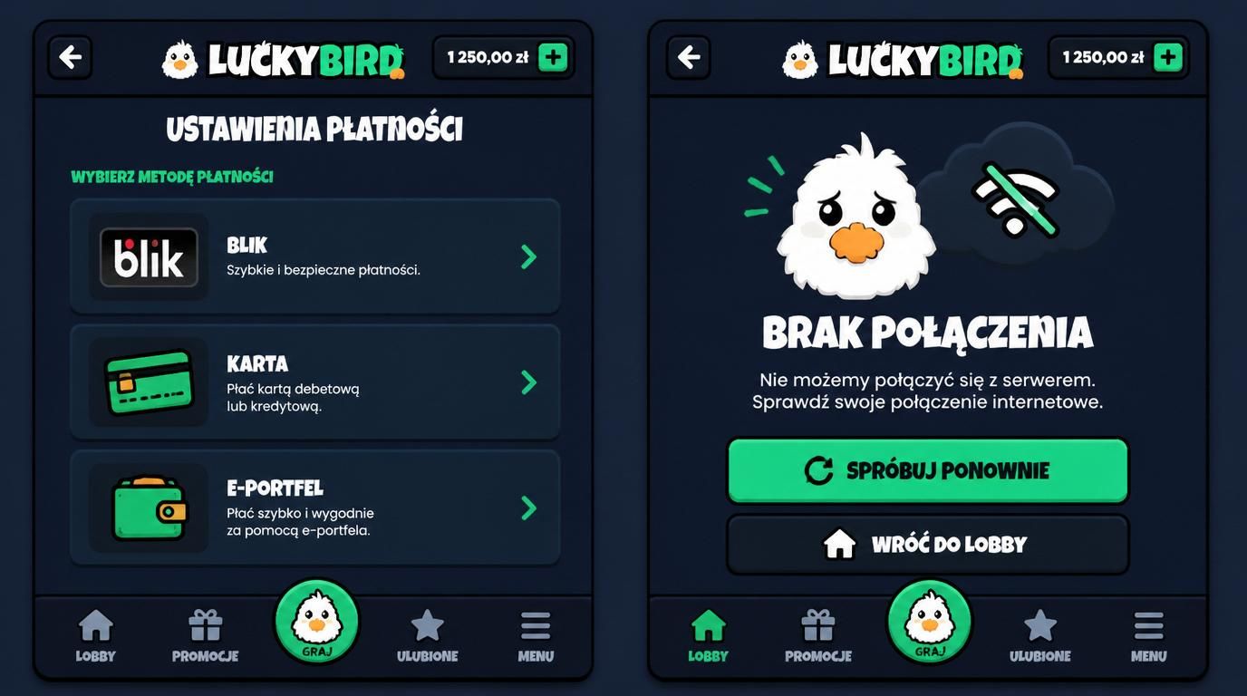 Ekran płatności oraz komunikat o utracie połączenia z opcjami reakcji.