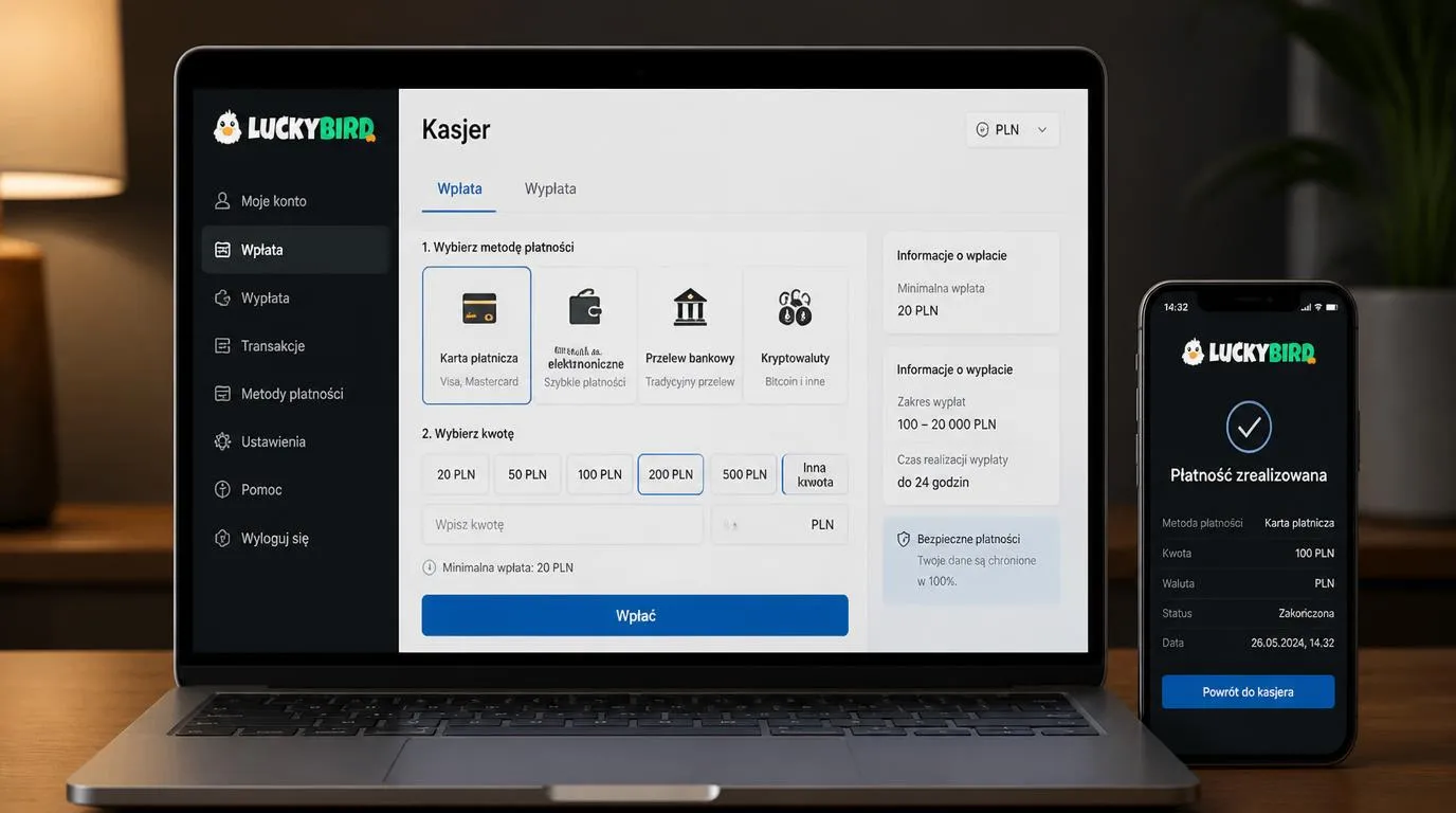 Panel kasy z wyborem wpłaty w PLN, metodami płatności i informacją o limitach wypłat