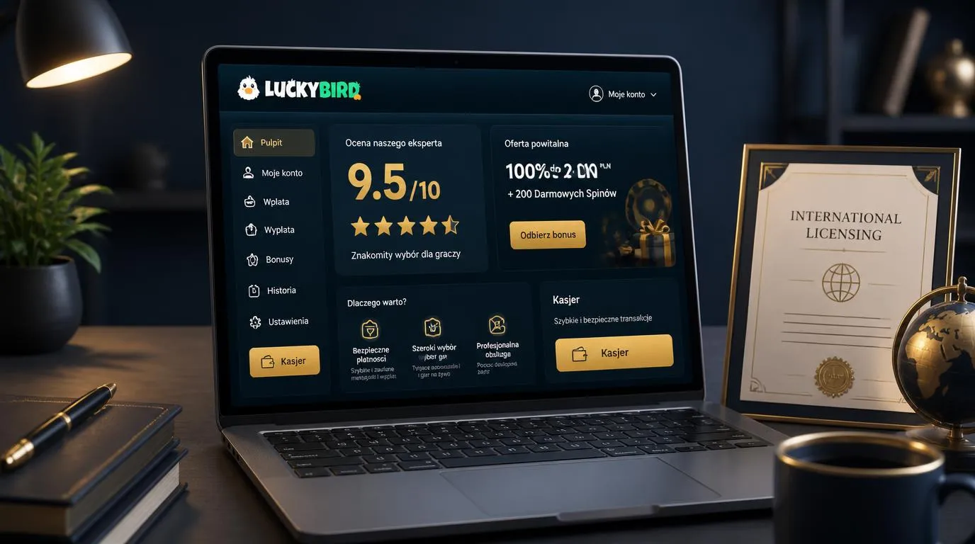 Laptop z panelem kasyna, oceną 9,5/10 i widocznym przyciskiem przejścia do kasy