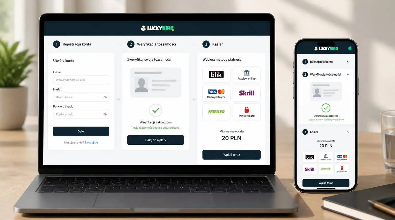 Ekran rejestracji, weryfikacji tożsamości i wpłaty 20 PLN w kasynie online