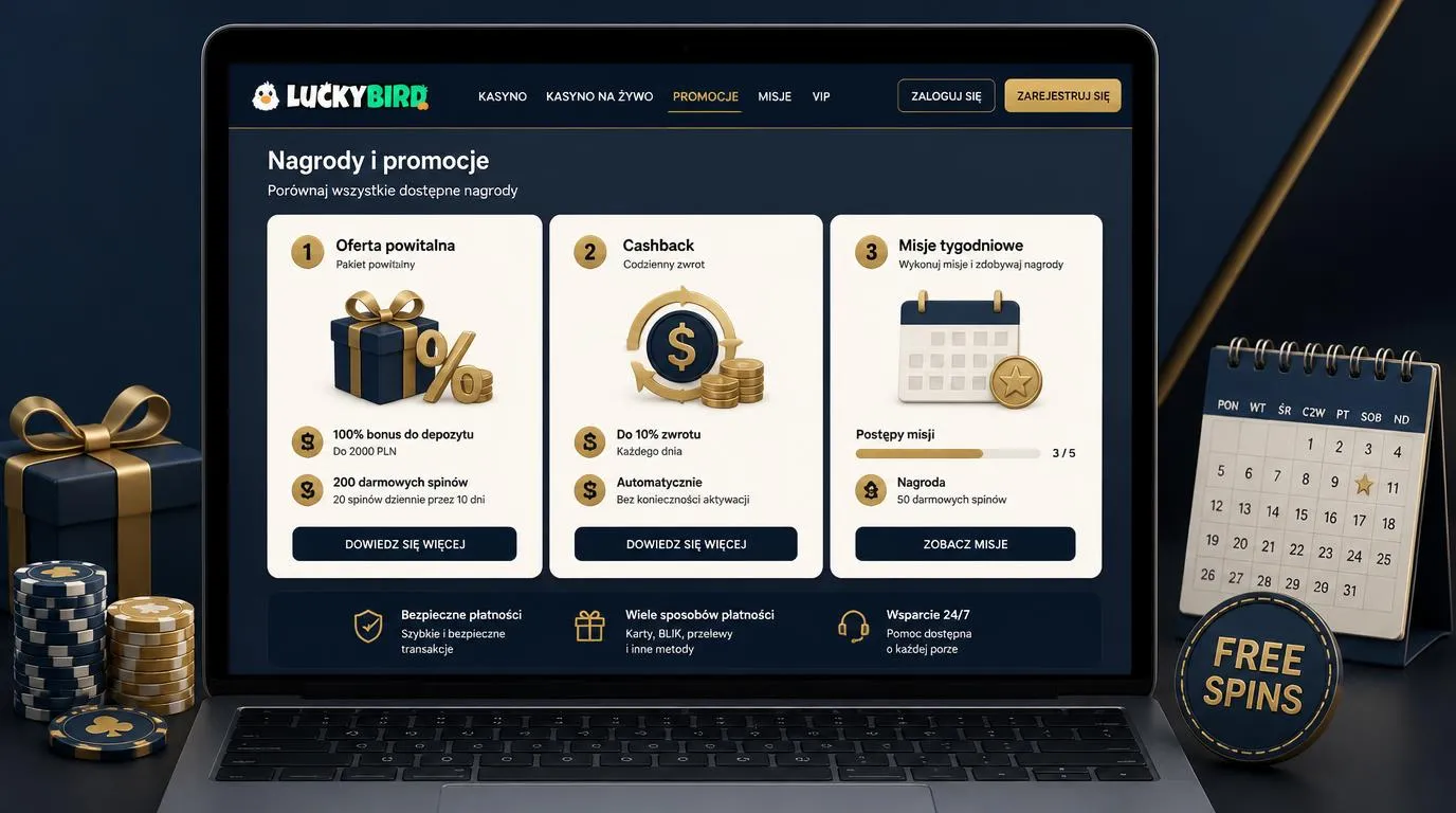 Ekran z porównaniem bonusu powitalnego, cashbacku i nagród za misje tygodniowe