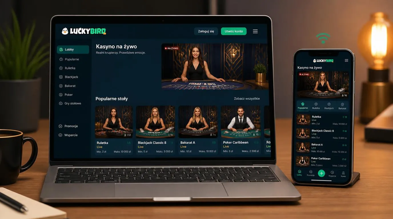 Lobby kasyna na żywo na telefonie i laptopie z widocznymi stołami oraz limitami stawek